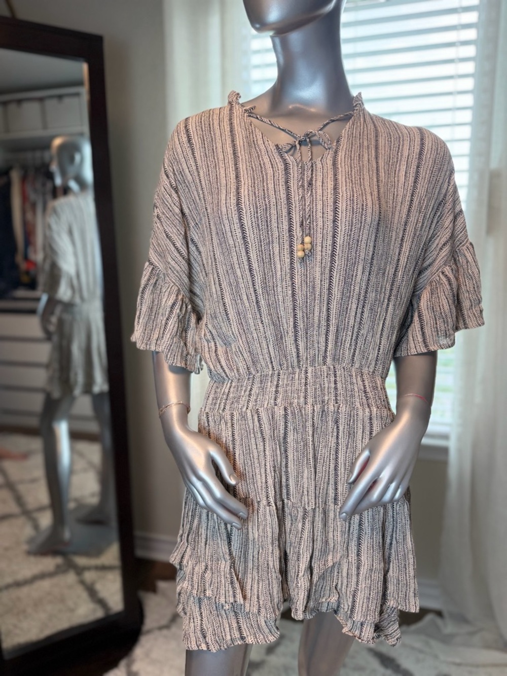 Cupshe Beige and Black Striped Smocked-Waist Mini Dress Swim Cover Up Large Boho